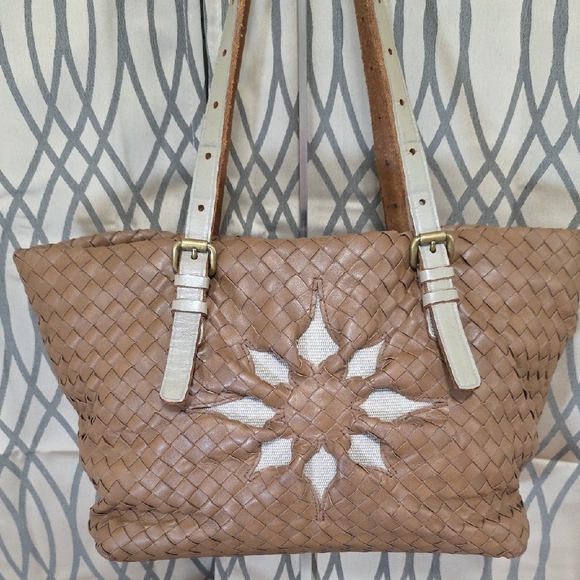 Bottega Veneta Vintage Brown Woven Tote with Cream Accents Straps - Picture 2 of 14